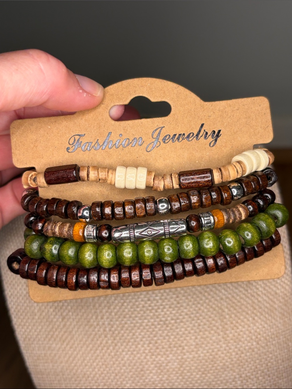 Boho Layered Wooden Bead Bracelet Set — Green & Brown